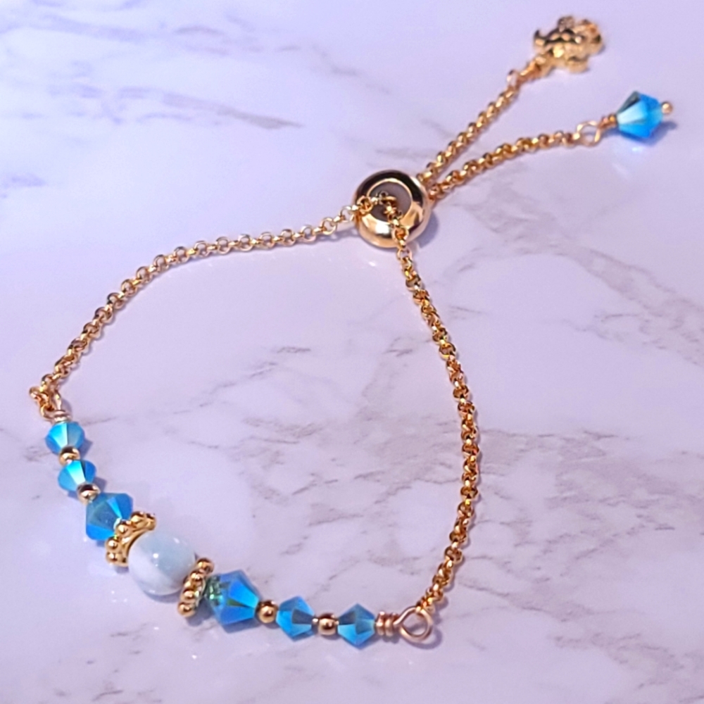 One-of-a-kind Larimar & Swarovski Gold adjustable bracelet